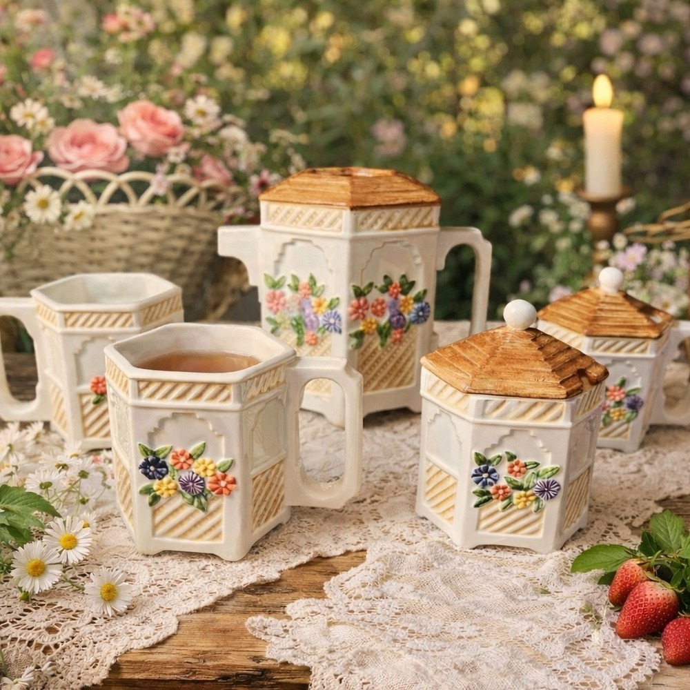 Otagiri Design East Japan 6 Pc Tea Set Hand Painted Garden Gazebo Cottage Core